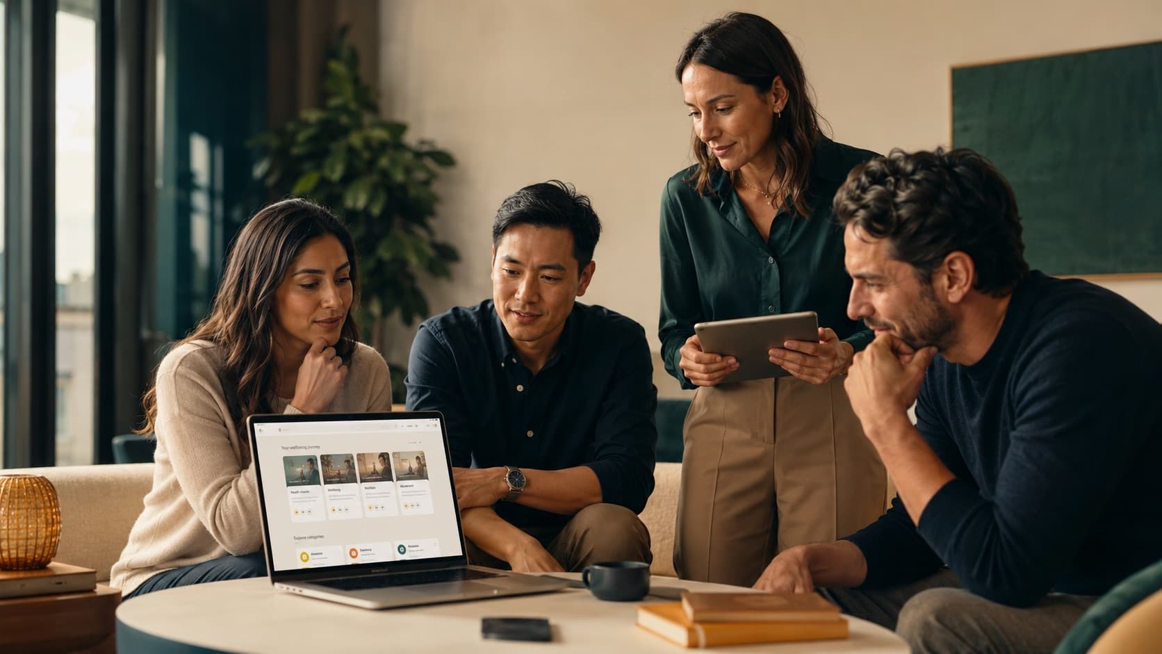 Four people around a laptop reviewing a customer wellness journey together.
