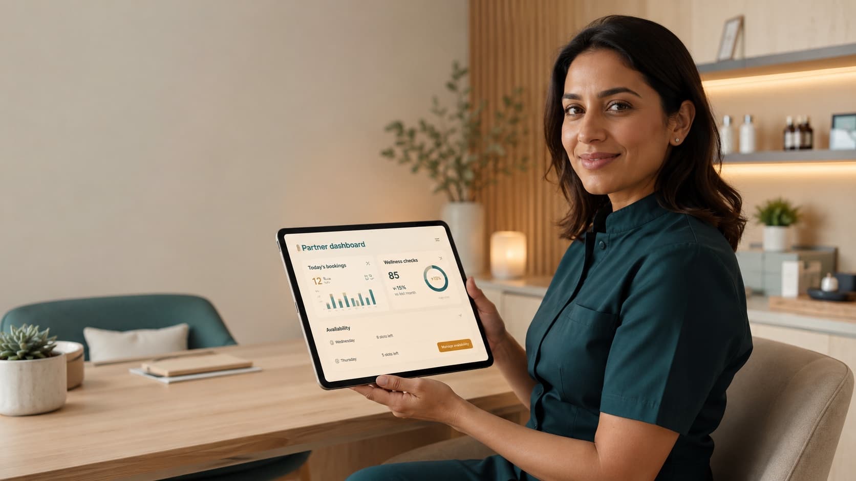 Pharmacy professional using a tablet dashboard for wellness check bookings.