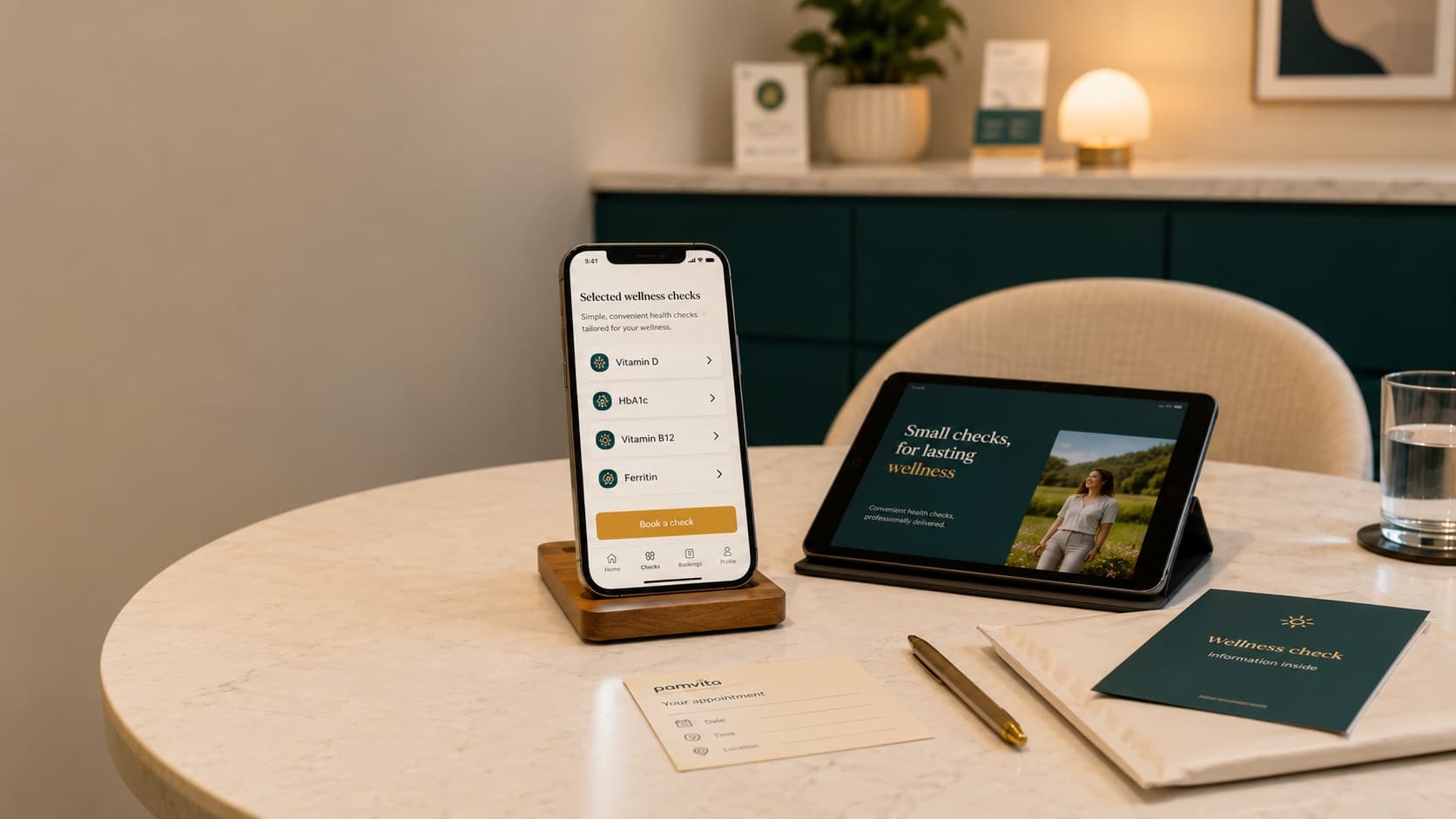 Modern consultation table with a smartphone showing selected wellness checks.