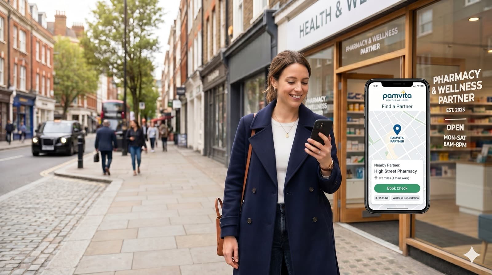 Customer using a smartphone to find a nearby Pamvita wellness partner on a London high street.